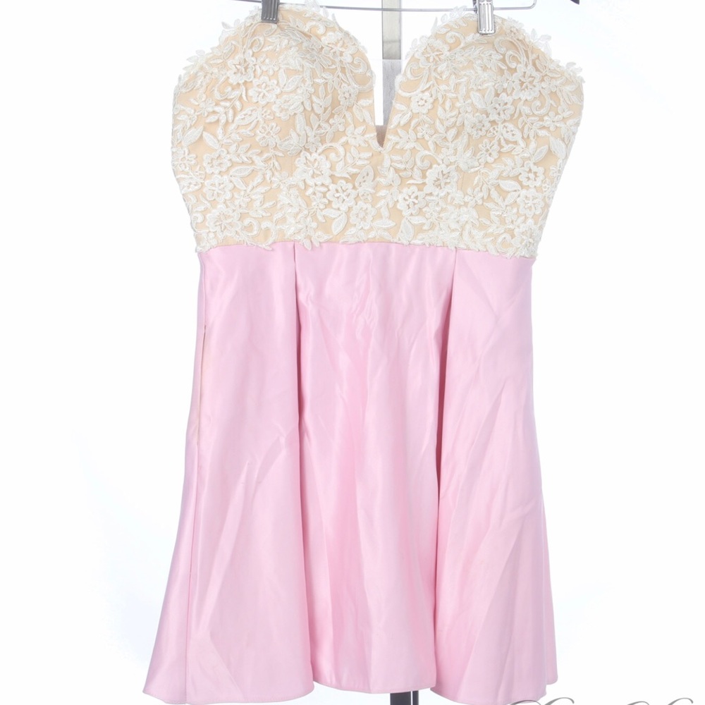 Beautiful Poly USA Pink Satiny Strapless Babydoll Dress w/White Lace Top Size L